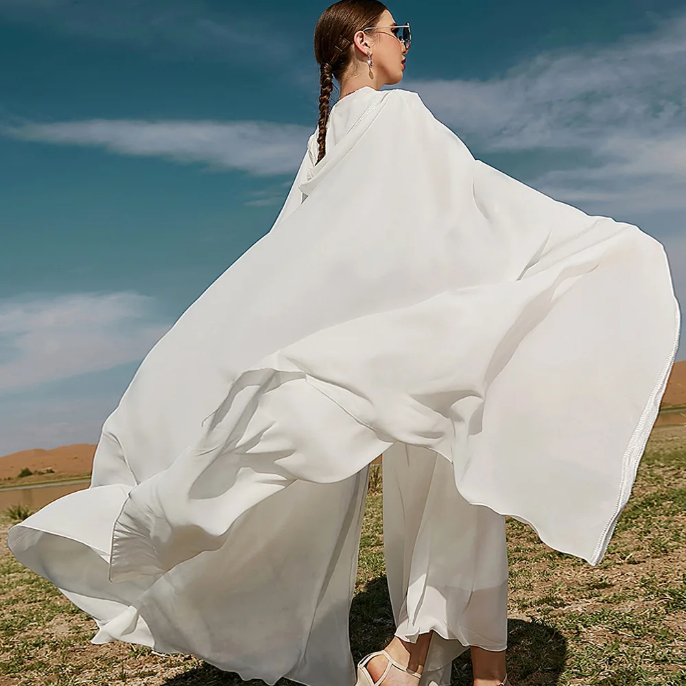 Eid Mubarak Open Abaya Kimono Dubai Turkey White Satin Kaftan Muslim Capes for Women Long Cardigan Islam Shawl Pakistani Clothes