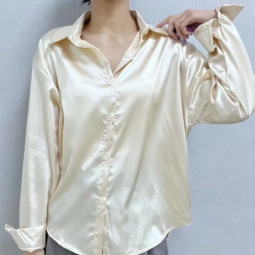 

Elegant Shirt Women Lapel Single-breasted Solid Color Draped Sense Long Sleeve Satin Shirt Blouse Women Clothing Korean Fashion