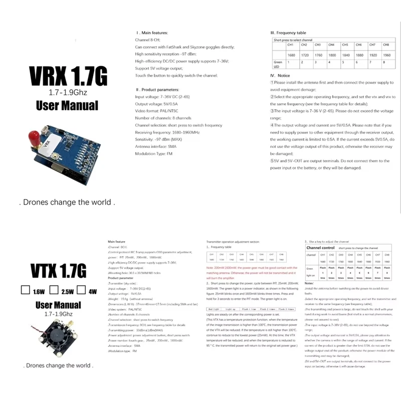 1 7G VRX 9G 6 Вт FPV VTX 8-канальный аналоговый беспроводной видеопередатчик модуль