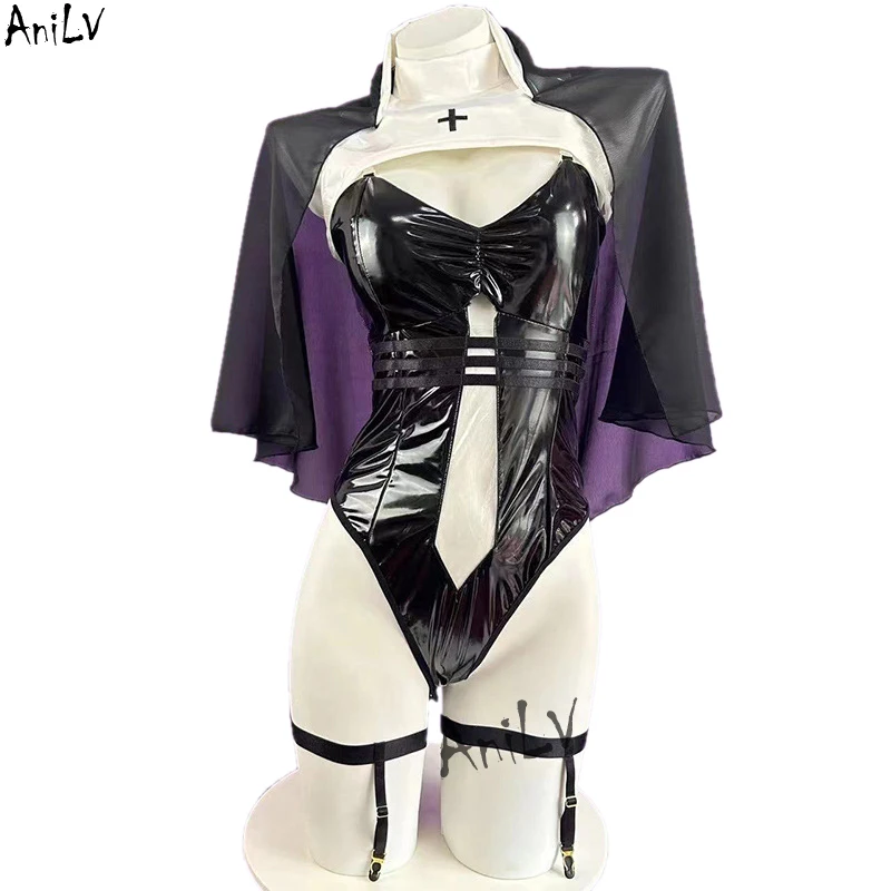 

AniLV Japanese Anime Nun Uniform Cosplay Women Leather Transparent Hollow Bodysuit Costume