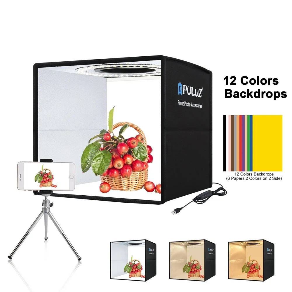 

Puluz Mini Photo Studio Lightbox 3 Model LED Light Photography Softbox Folding Shooting Tent Box Kit & 6/12 Backdrops