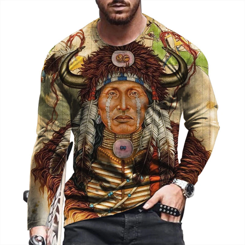 

Long sleeve casual T-shirt Men's abstract Indian face print T-shirt new large 6XL autumn fashion street hip-hop top
