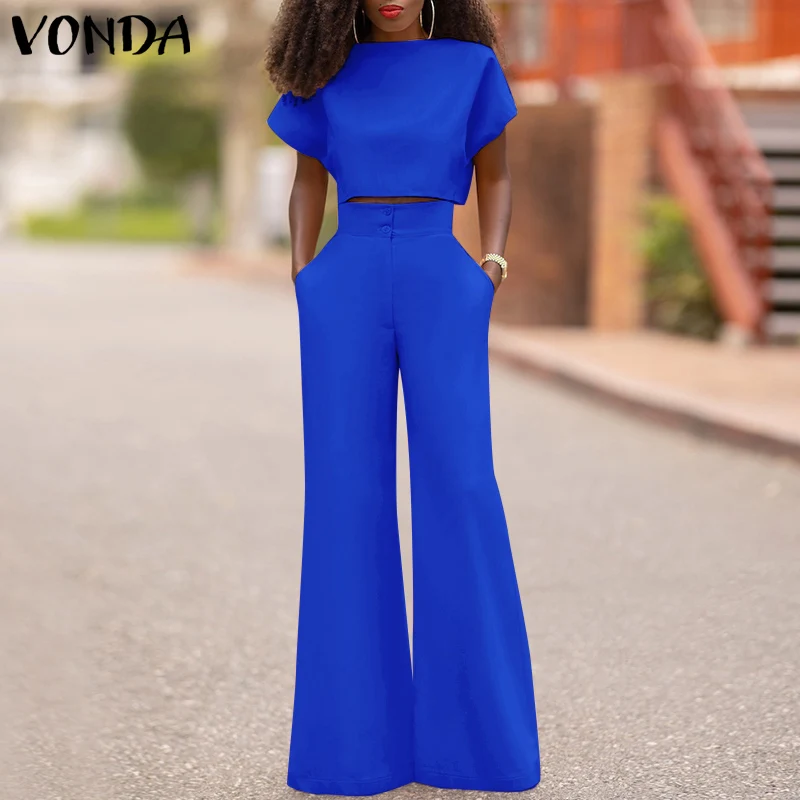 

VONDA Women Pants Sets 2022 Female Casual Solid Color Round Neck Short Sleeve Tops High Waist Zipper Pants Office Long Trousers