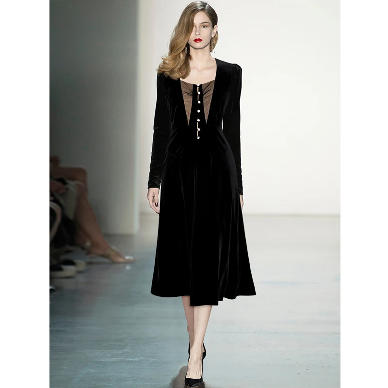 

Janeyiren Fashion runway spring women square neck long sleeve diamond button slim black velvet elegant dress