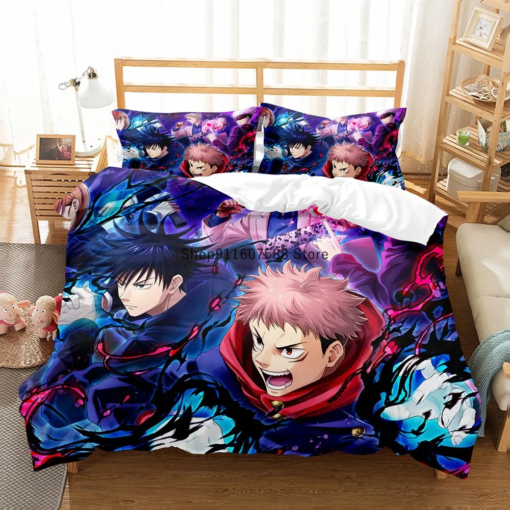 Комплект постельного белья Japanese Anime Jujutsu Kaisen размеров Queen, King и Double с наволочками и декоративными элементами для детей из мягких текстильных материалов.