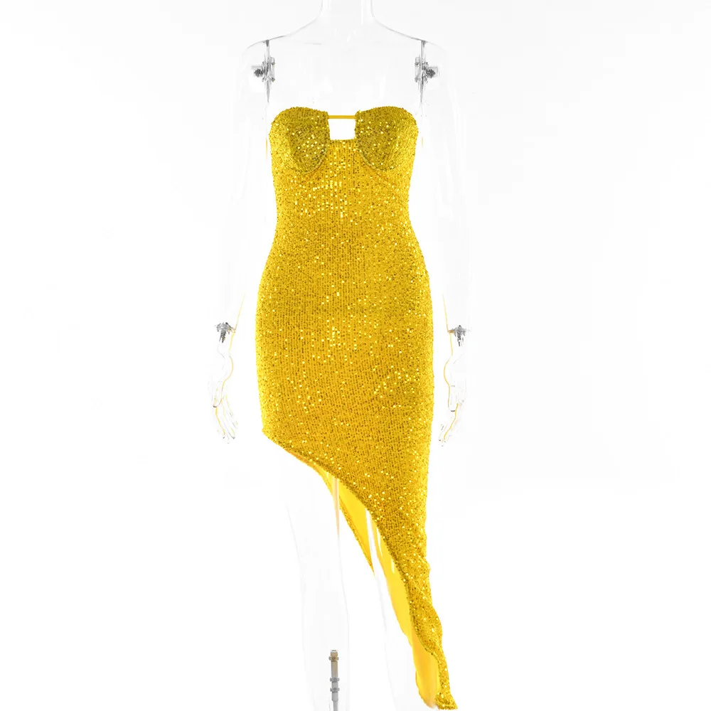 Women Sexy Off-Shoulder Party Dress Strapless Backless Sleeveless Clubwear Fashion Sequined High Split Yellow Nightclub Dresses