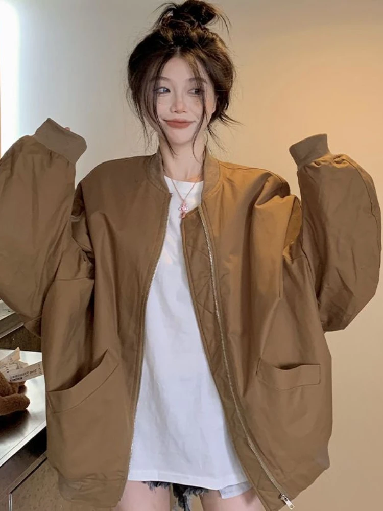 

Deeptown Vintage Casual Baseball Jackets for Women Harajuku Streetwear Oversized Zipper Coats Fashion Long Sleeve Bomber Jackets