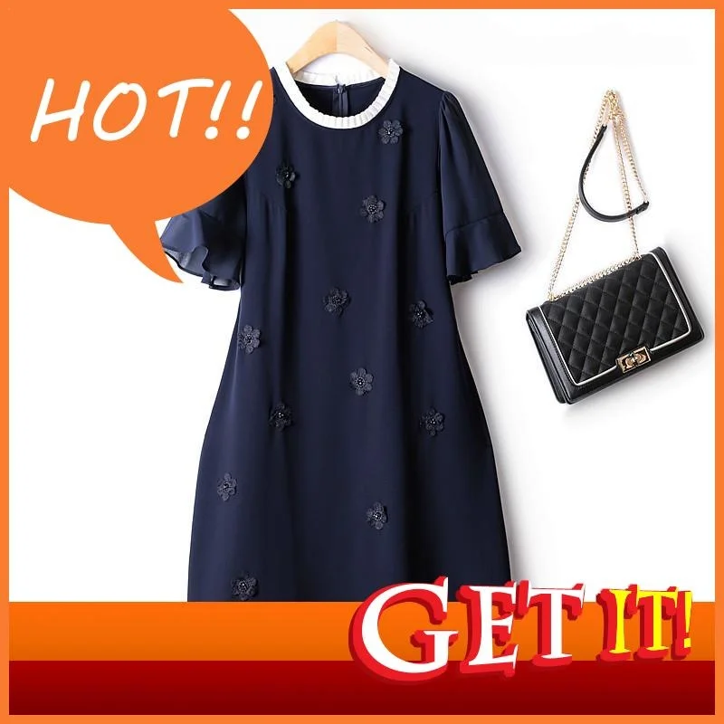 

2023 Women Summer Casual Dresses New Lace Collar Ruffle Sleeve Beaded Small Flower Drape Loose Woman's Clothing Latest Fashion