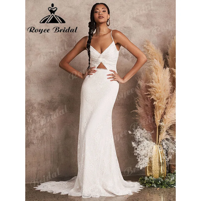 

Сексуальное кружевное свадебное платье Roycebridal на бретельках с V-образным вырезом 2023 с открытой спиной Русалка/юбка-годе свадебные платья же...