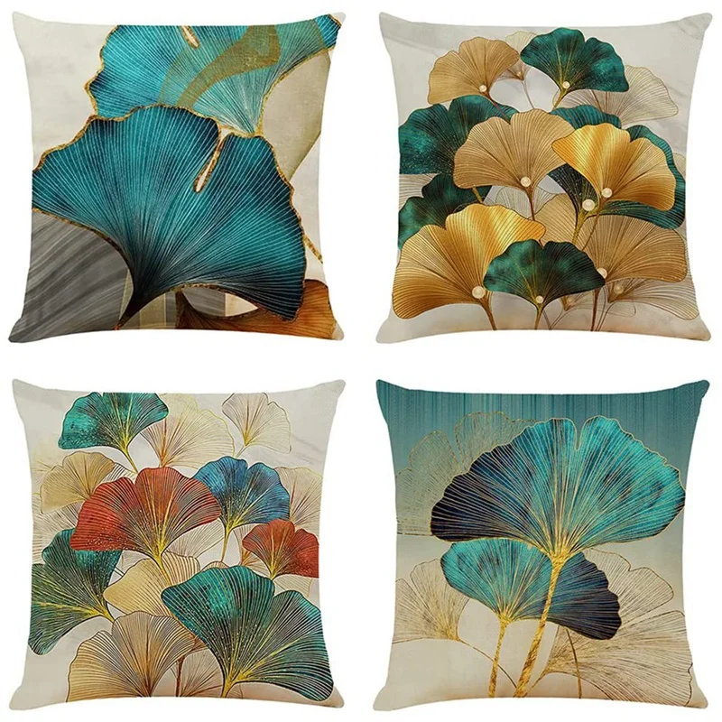 

Cushion Covers Modern Teal And Gold Leaves Decorative Throw Pillow Cases Ginkgo Home Decor Square Cushion Covers