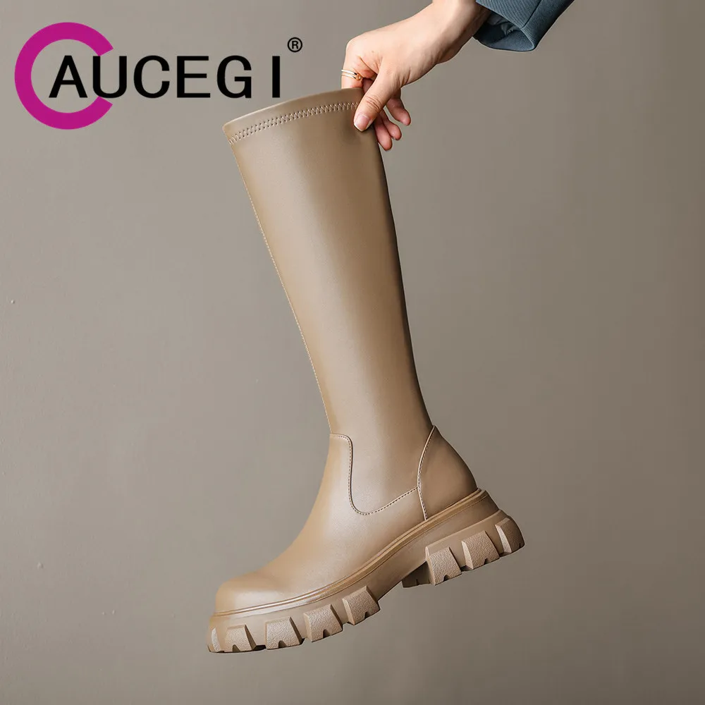 

Женские сапоги до колена на молнии, с круглым носком, на плоской платформе