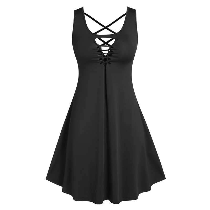 

Gothic Black Dress Women Plus Size Vintage Zippered Grommets Dress Punk Sleeveless A-Line Sexy Party Dress Streetwear