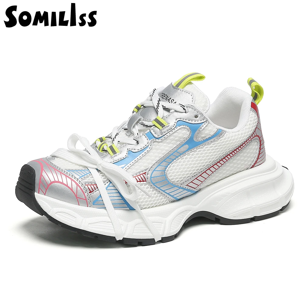 SOMILISS Women Platform Chunky Sneakers Microfiber Leather Mesh Patchwork Spring Summer Ladies Fashion Designer Casual Shoes