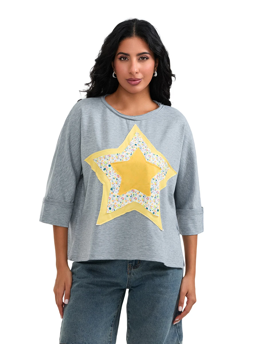 Женские летние повседневные модные топы 3 4 рукава звездная нашивка футболка