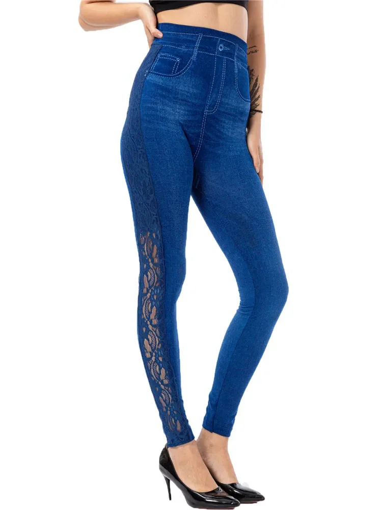 

High Waist Lace Leggings Women Ladies Floral Side Hollow Out Patchwork Workout Pants Push Elasticity Faux Denim Jean