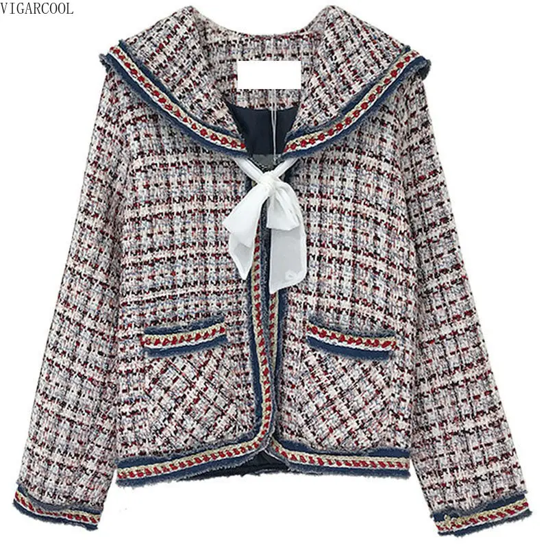 

Женская твидовая куртка с воротником-стойкой, шерстяная шаль с воротником-стойкой и бантом, Осень-зима 2023