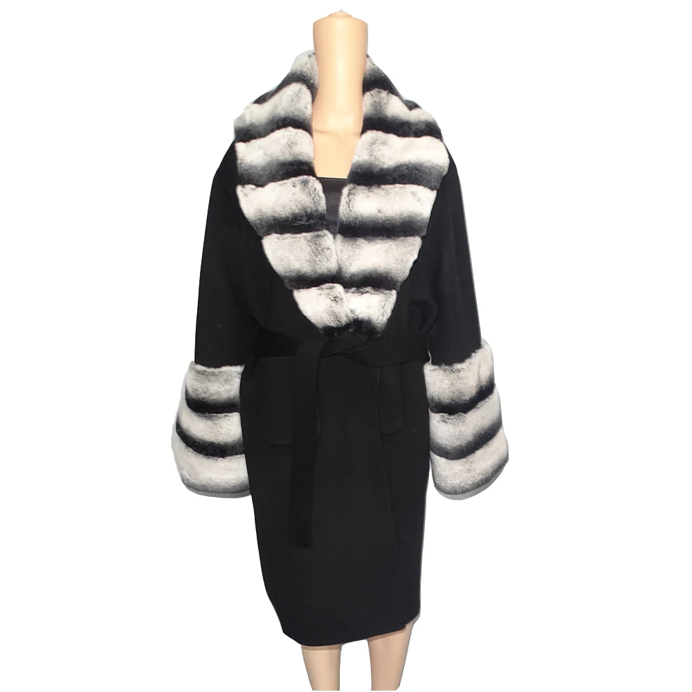100% Wool Jacket Women Winter Real Fur Coat Lexus Rex Rabbit Fur Collar Long Black Coat Fashion Warm Lady Streetwear