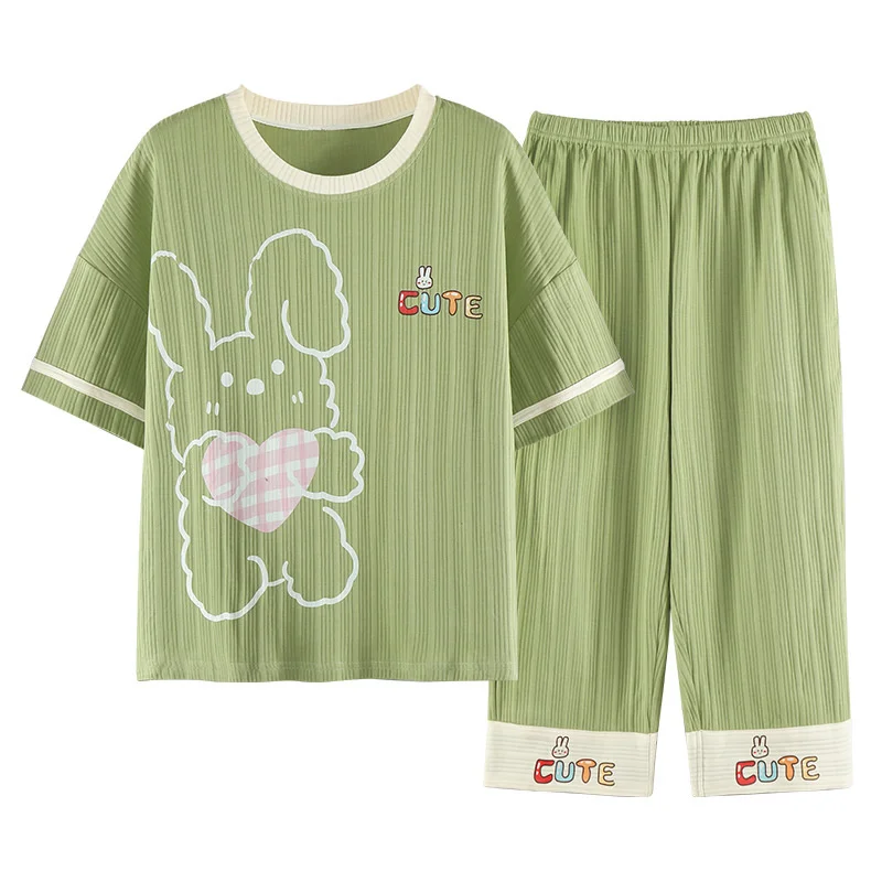 pajamas women's new summer cotton short sleeved pants are sweet and lovely. large clothes suit can be worn outside