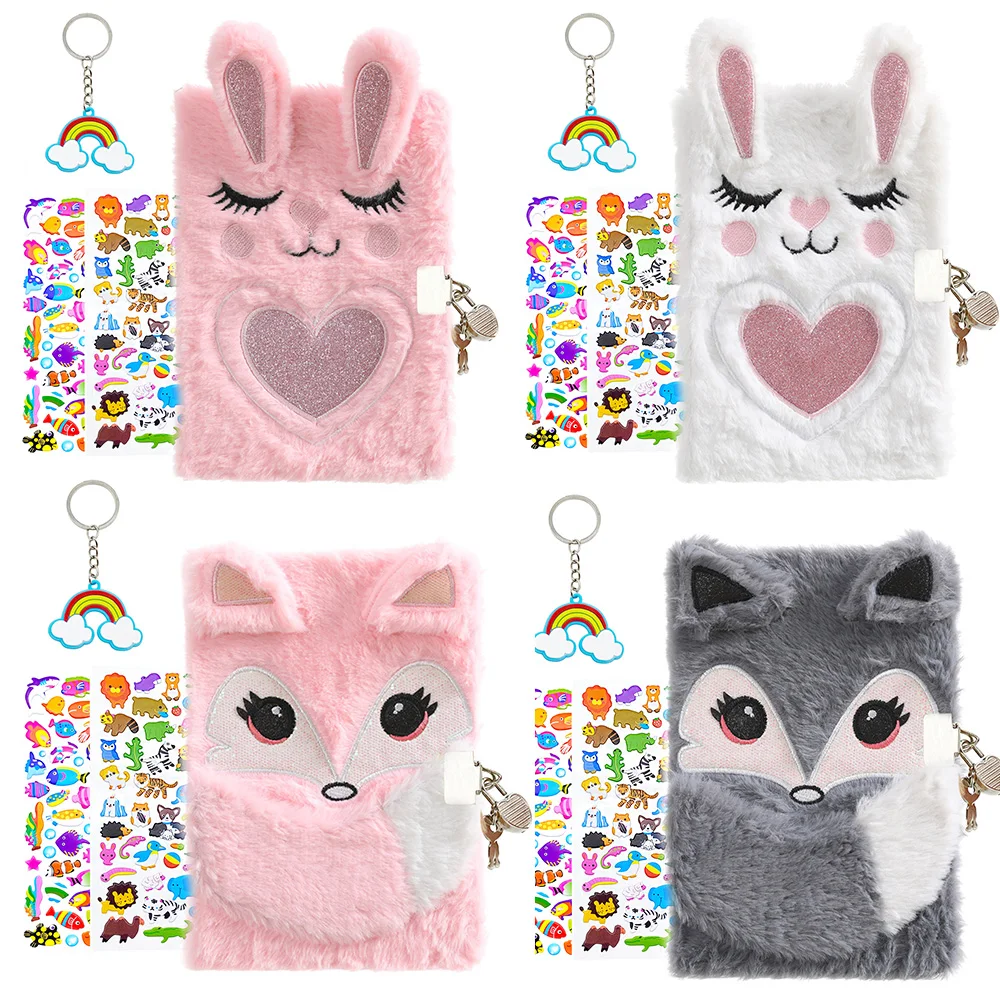 

Plush Notebook with Lock Cute Rabbit Fox Diary Journal for Kids Girls Boys 2022 Secret Planner Organizer Back to School Gift