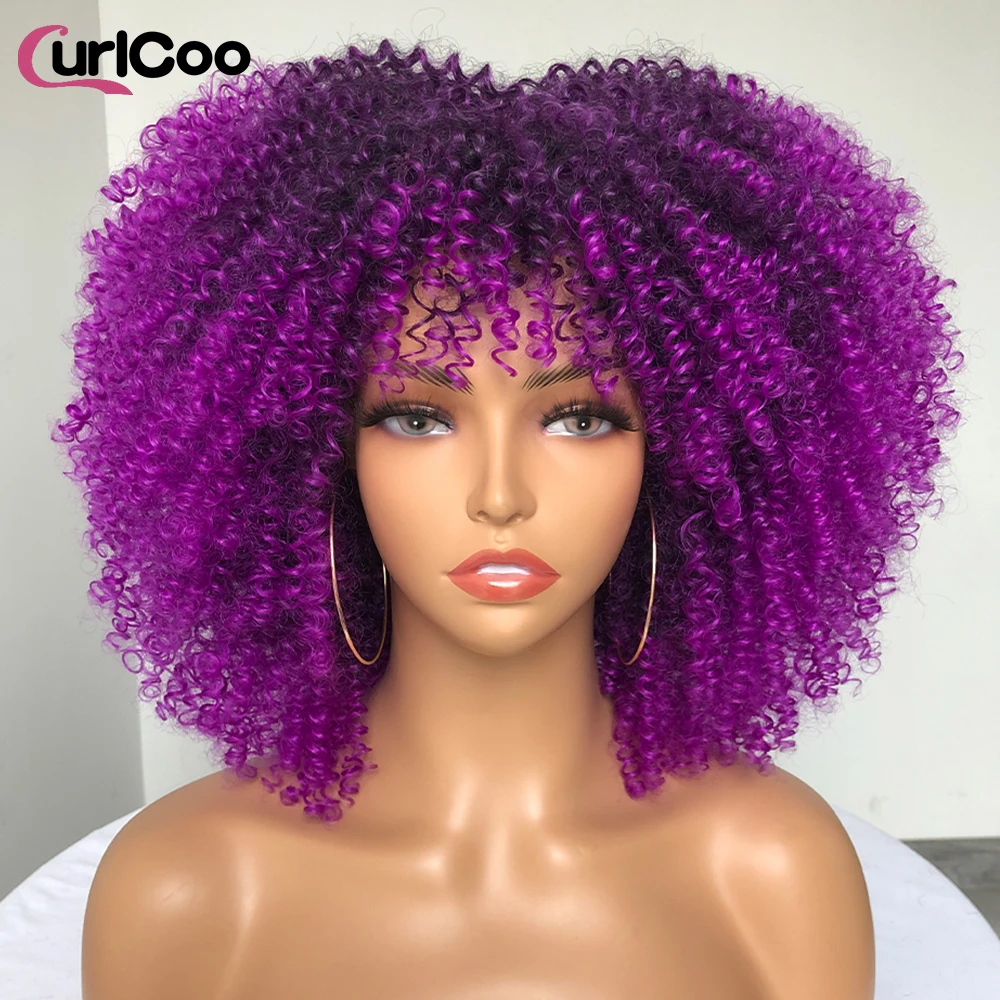 

Short Hair Afro Kinky Curly Wigs With Bangs For Black Women Synthetic Natural Hair Cosplay Lolita Blonde Pink Purple Wig CurlCoo