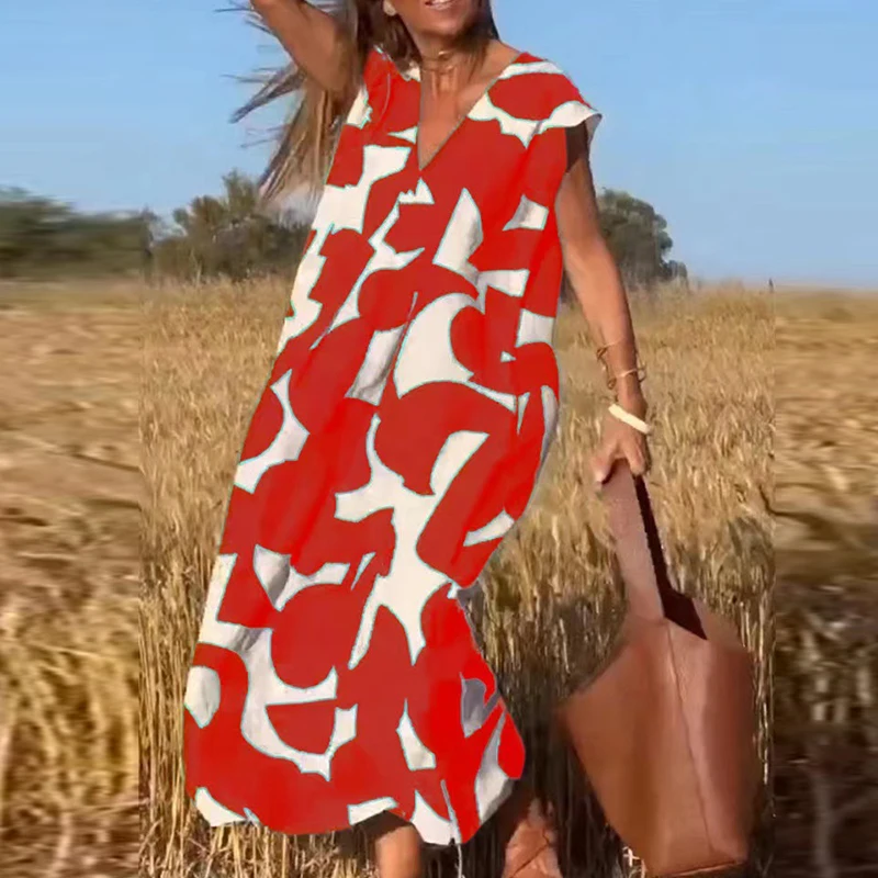 

Office Loose Hem Maxi Dress 2023 Vintage Pattern Print Bohemian Long Dress Casual Women V Neck Flying Sleeve Beach Dress Mujer
