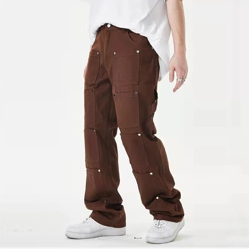

Брюки-карго мужские прямые с заклепками и карманами, повседневные мешковатые брюки, комбинезоны оверсайз, черные коричневые, на весну
