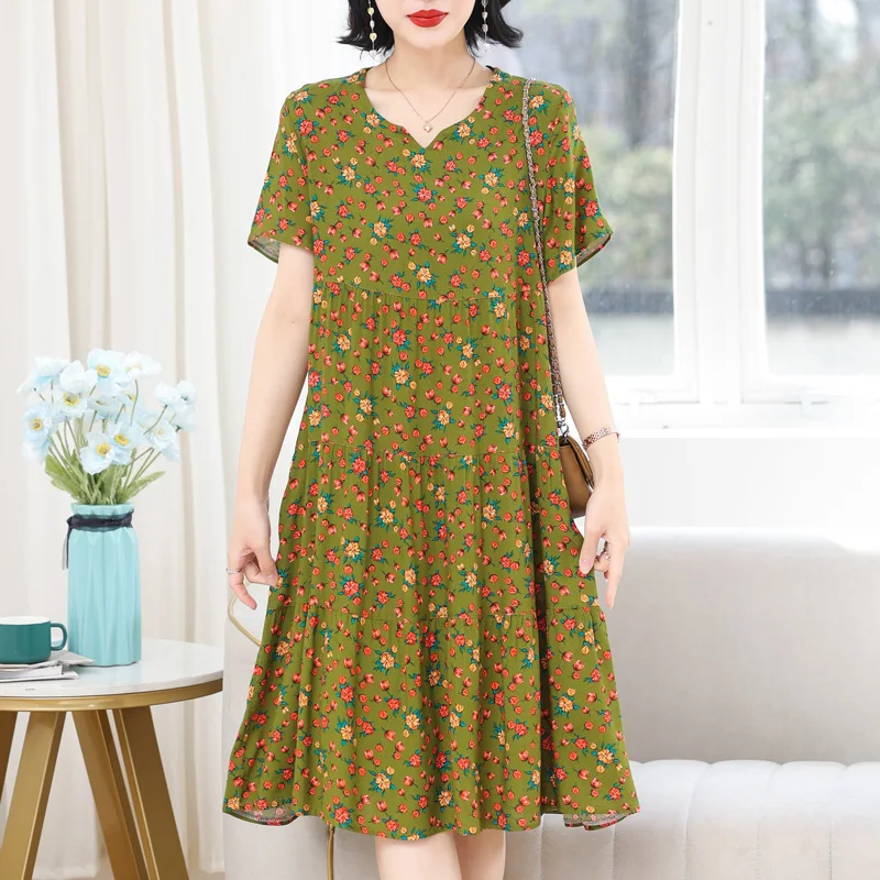 

Summer Dress Long Vintage Loose Women Plus Size Elegant Sundress Short Sleeve Dress Casual V-neck Dresses Print Viscose