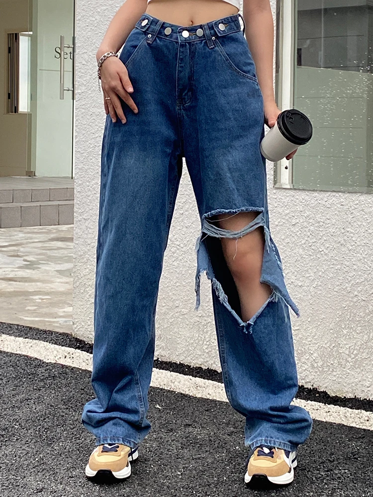 

WeiYao Holes Ripped High Waist Casual Baggy Hippie Straight Jeans Woman Blue Homewear Mom Jean Basic Korean Capri Denim Pants