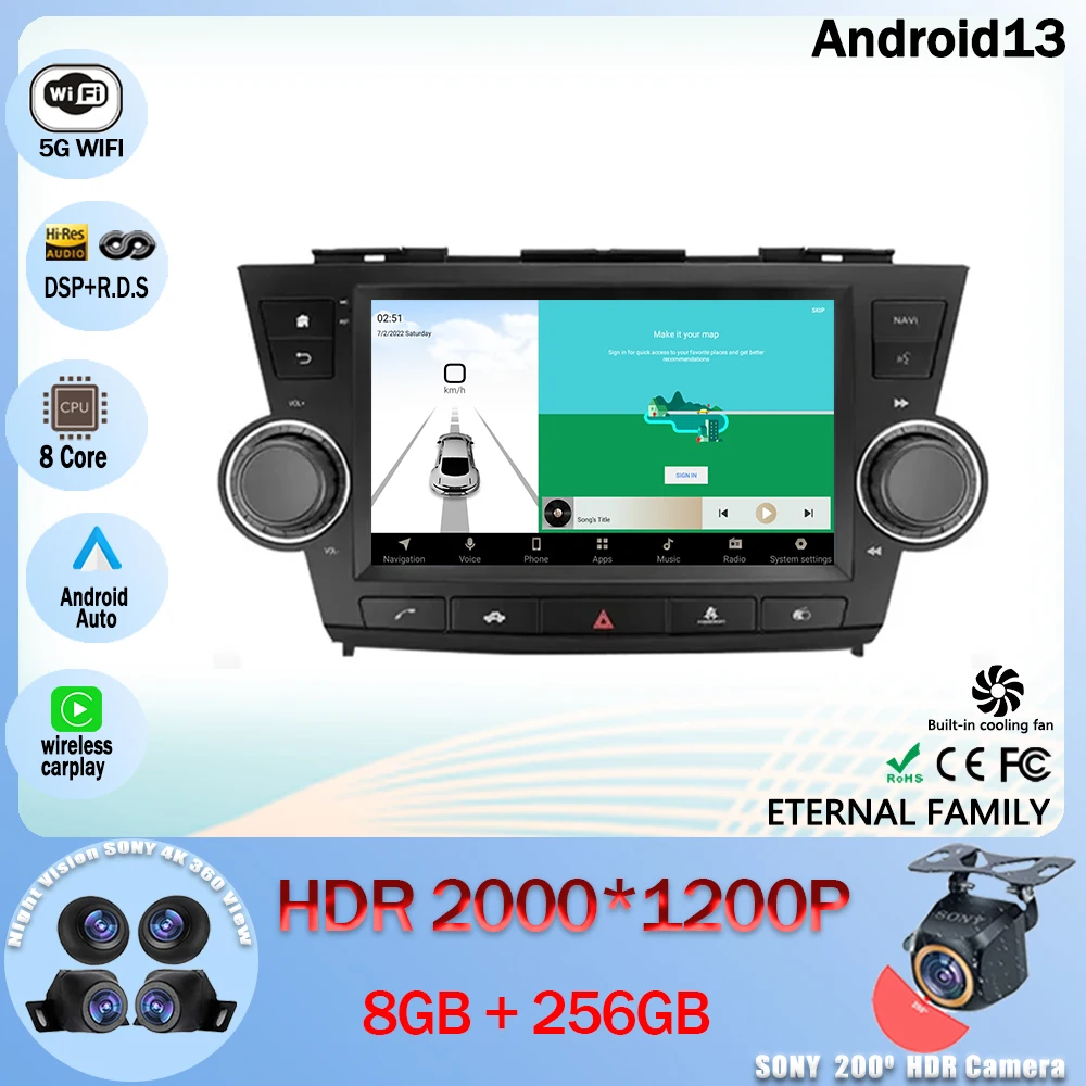 

Автомобильный радиоприемник Android 13, мультимедийный видеоплеер, навигация GPS для Toyota Highlander 2 XU40 2007 - 2013 5G WIFI BT 4G LET CPU QLED