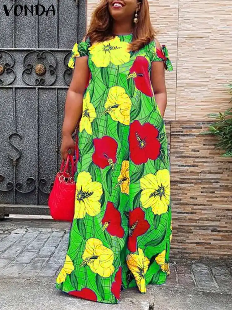 

VONDA Summer Maxi Dress 2023 Bohemian Women Vintage Floral Print Holiday Party Dress Casual Loose Hollow Sleeveless Beach Robe