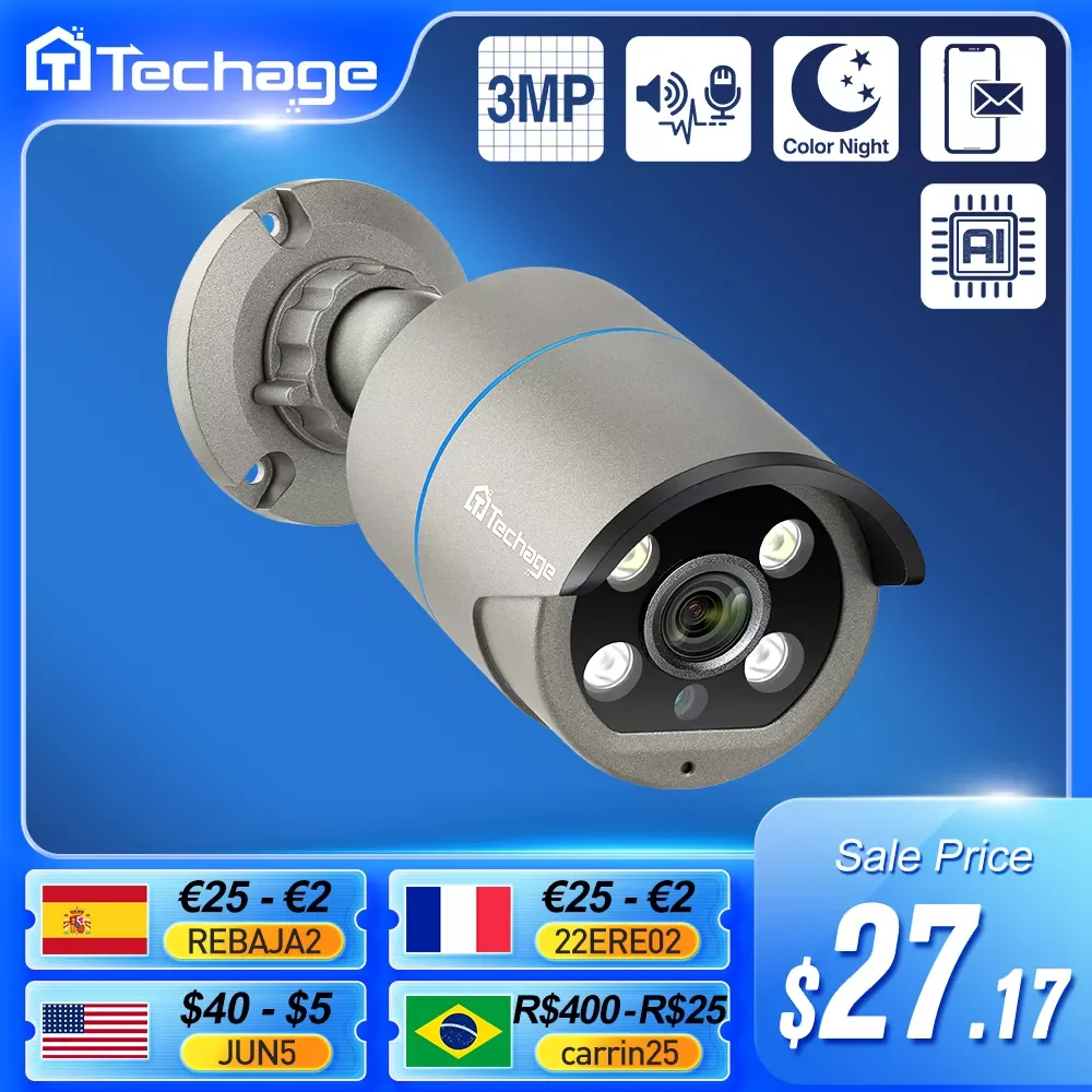 

Водонепроницаемая IP-камера Techage, H.265, 3 Мп, двухстороннее аудио, POE, IP66, наружная камера видеонаблюдения, для системы POE, видеорегистратор