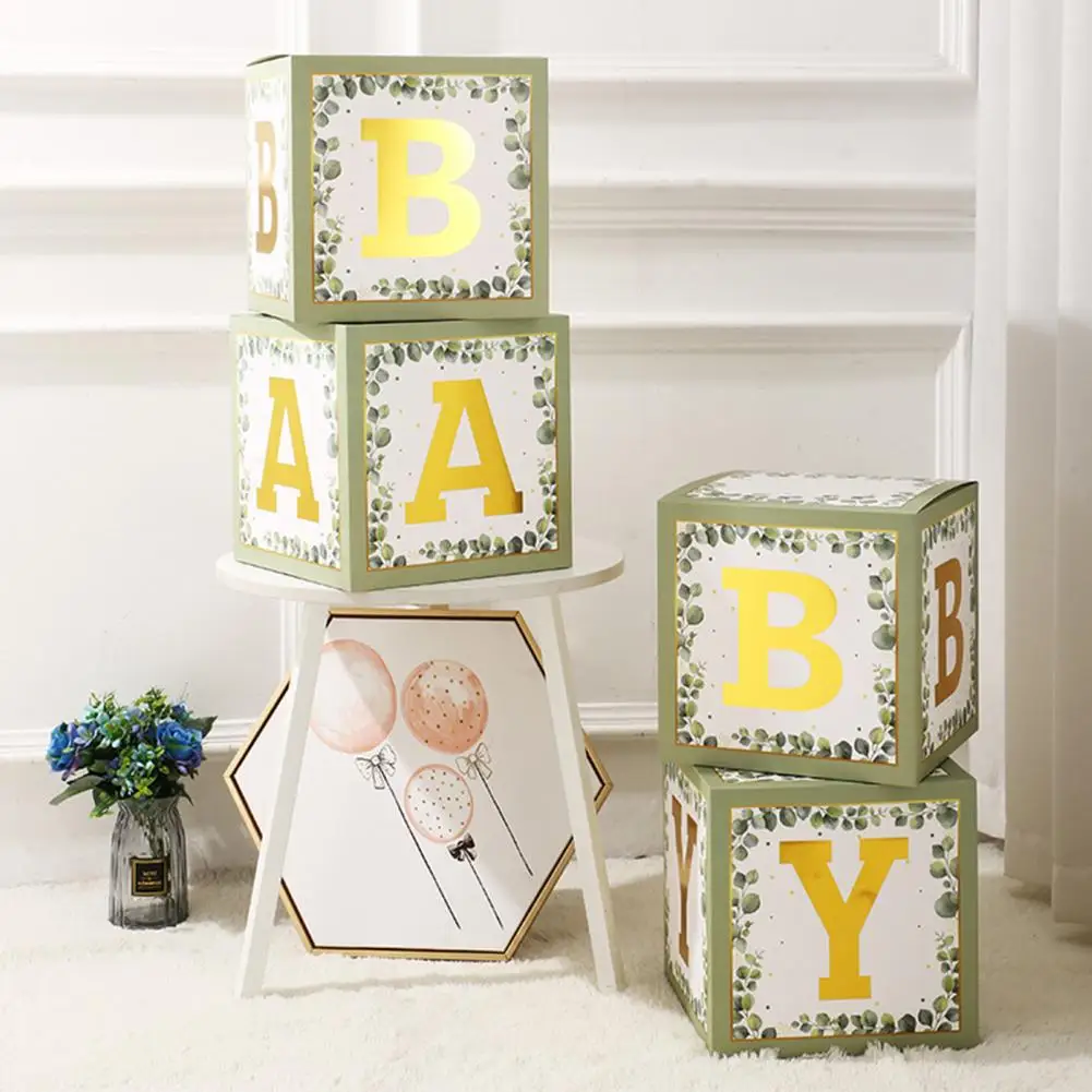 

Reusable Party Decoration Box Reusable Paper Baby Shower Birthday Party Gender Reveal Decor Block with Green Leaves Print Set