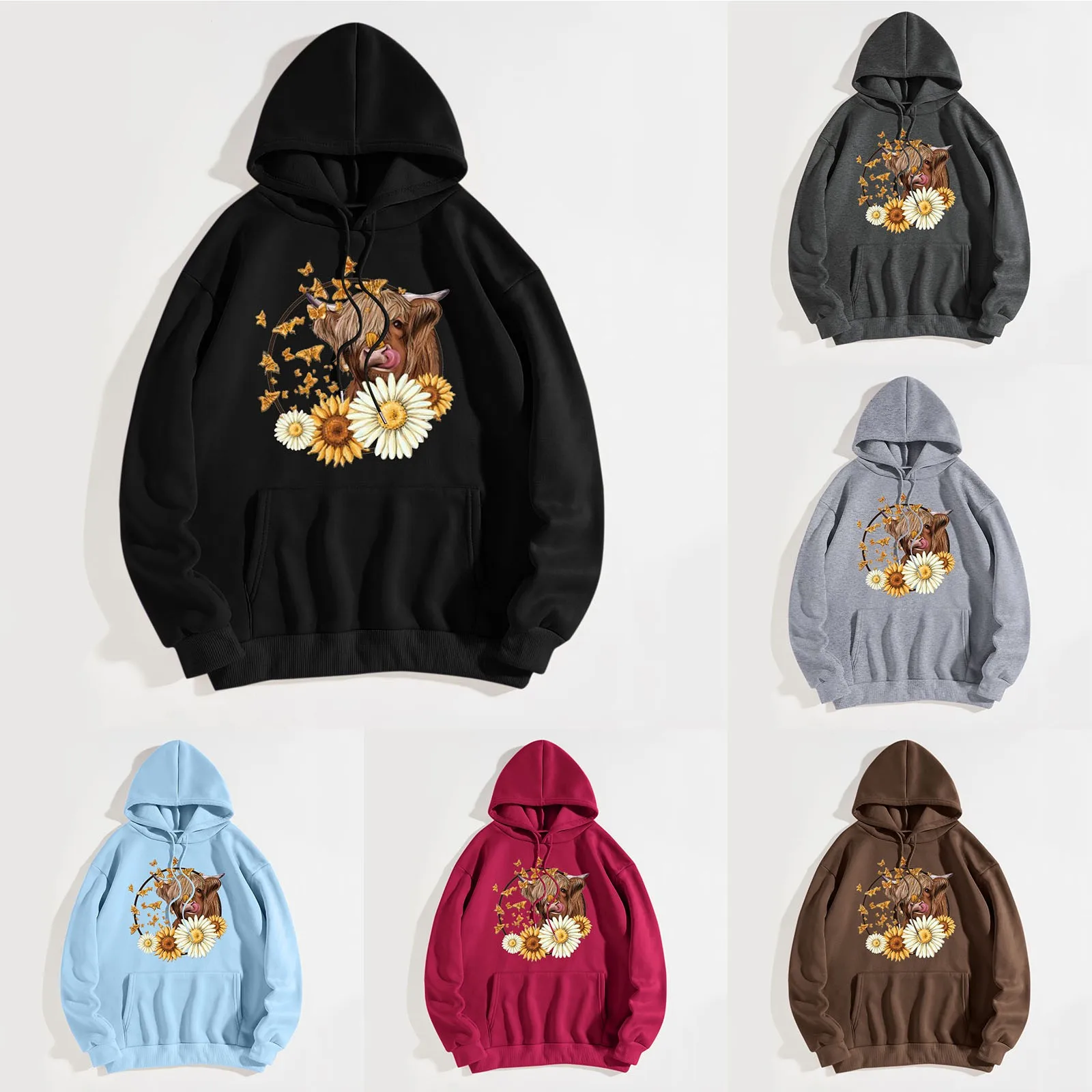 

Women Merry Christmas High Land Cow Sweatshirt Hooded Round Neck Long Sleeve Sweatshirt Tops Sweatshirt Women Pullover