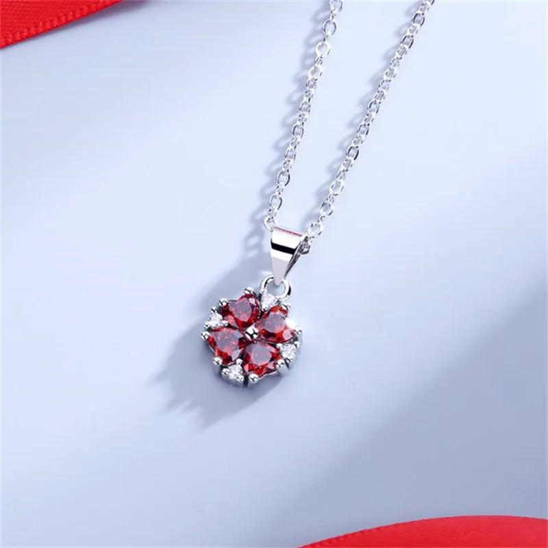 

Classic Crystal Red Clover Pendant Necklace For Girl Choker Accessories Fashion 925 Sterling Silver Chain Necklace Women Jewelry