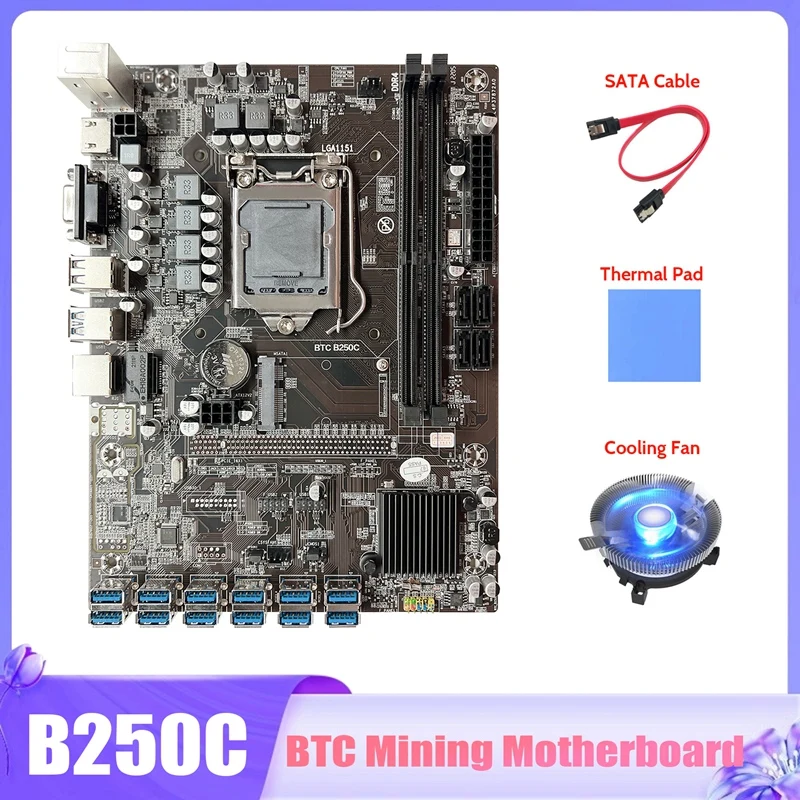 

B250C BTC Mining Motherboard+Cooling Fan+SATA Cable+Thermal Pad 12X PCIE To USB3.0 GPU Slot LGA1151 Miner Motherboard