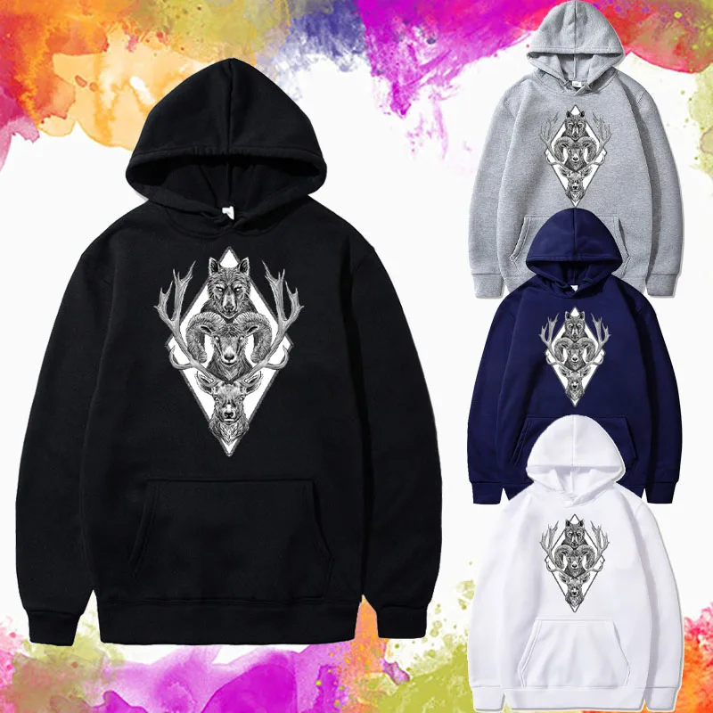 

2023 New Man Bear Sheep Deer Diamond Printed Daily Sport Hoodies Men Design Casual Hooded Tops Warm Autumn and Winter Streetwear