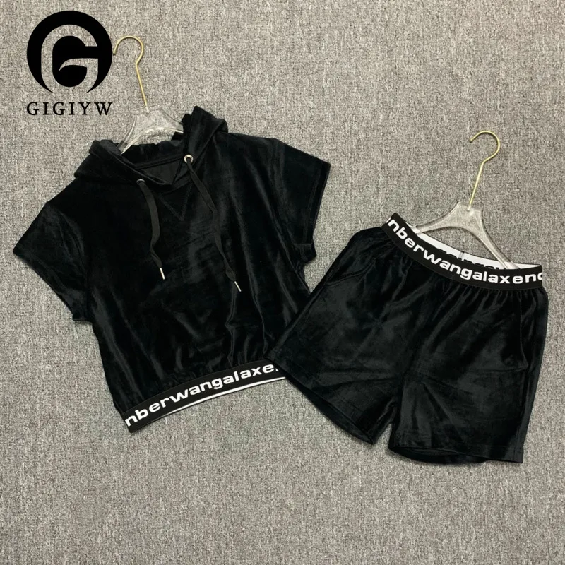 

GIGIYW Sports Casual Corduroy Velvet Short Sleeve Hooded Top Ribbon Letter Shorts Piece New Women 2023 Spring New Arrive