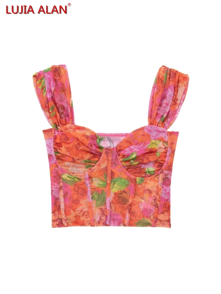 

Новый женский сетчатый тканевый корсет с цветочным принтом, сексуальный укороченный топ на бретельках, Повседневная облегающая кофта, LUJIA ...