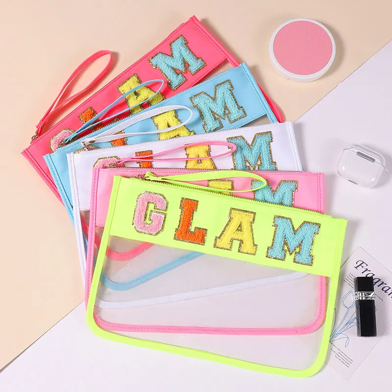 

Letter Patches Transparent PVC Cosmetic Bag Clutch Women Clear Travel Make up Cosmetic Bag Pouches Stuff Makeup Toiletry Bag