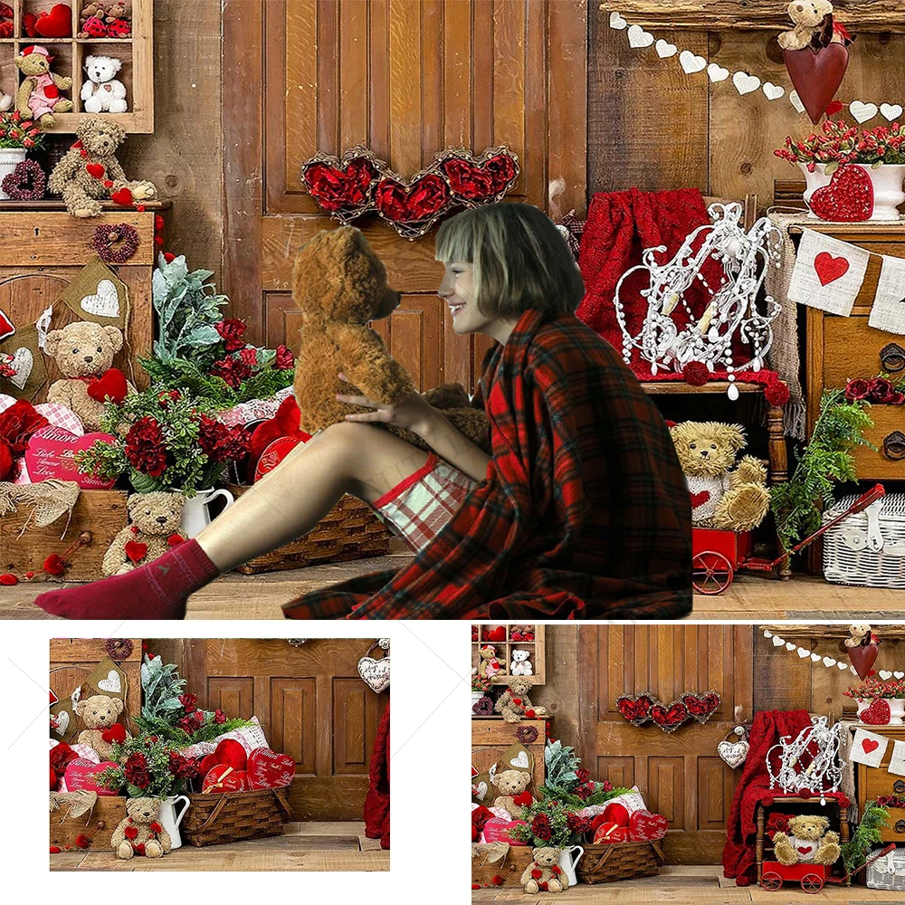 

14 февраля День Святого Валентина деревянный фон детский день рождения Красная любовь фотография Фон ребенок медведь фон для фотостудии