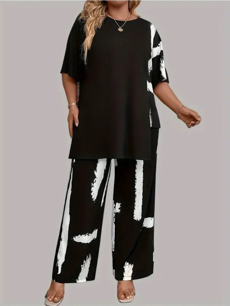 Женский элегантный топ с коротким рукавом и круглым вырезом подходящие брюки