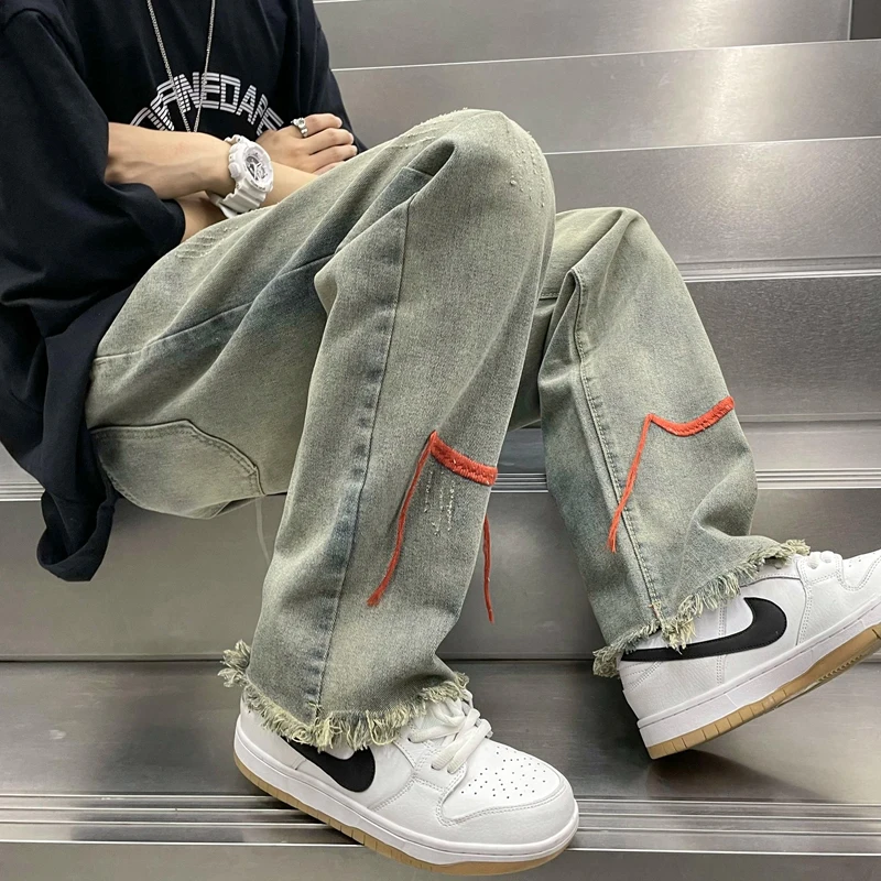 Ripped High Street Straight Leg Jeans for Men Korean Fashion Trends Streetwear Bottom Teenage Vintage Denim Pants Casual Clothes