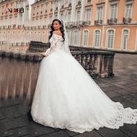 elegant long sleeves wedding dresses dubai a line sheer crew neck lace appliques beaded bridal gowns vestios de novia