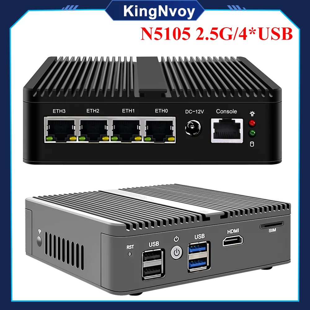 Firewall Appliance N5105 Mini Router 4 Intel i225-V B3 2.5G LAN 4xUSB HDMI 2xDDR4 NVMe Industrial Fanless PC OPNsense PVE ESXi