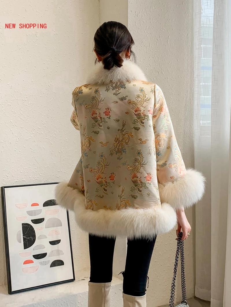 Thick Warm Winter Jacket Women Female Luxurious Dragon Print Embroidery Elegant Cloak Bead Overcoats Elegant Faux Fox Fur Coat