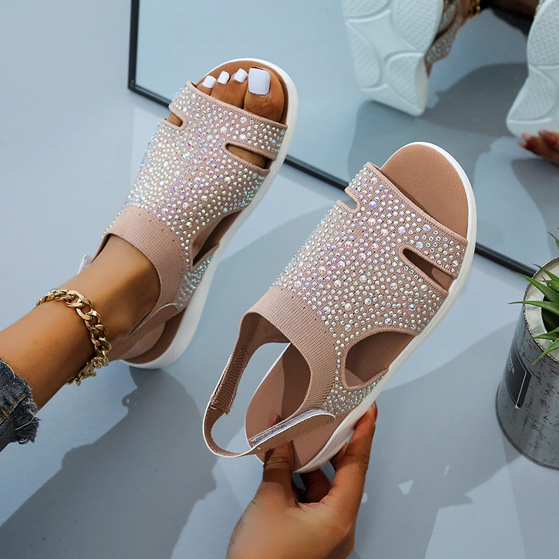 

2022 New Summer Women Sandals Sexy Shoes Crystal Casual Woman Flats Buckle Strap Ladies Fashion Beach Shoe Big size 36-43
