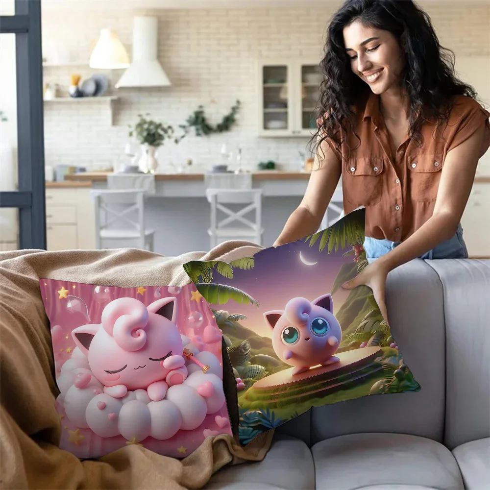 Pillow Covers Cartoon Cute P-Pokémons Jigglypuffs Sofa Decorative Home Double-sided Printing Short Plush Cushion Cover