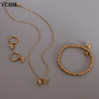 stainless steel lotus necklace bracelet earrings set women asymmetric earrings jewelry set gold plated elastic bead bracelet set