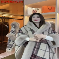 thicken warm lining velvet faux fur collar cape loose long street wear women batwing sleeve poncho striped winter coat with hat