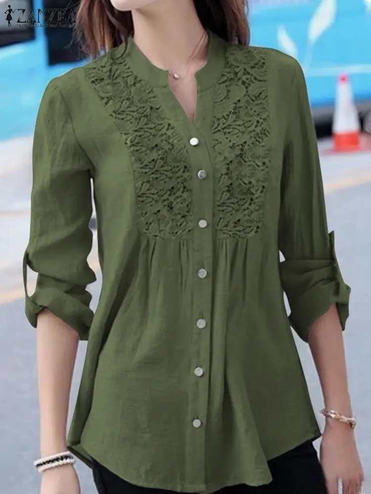 

ZANZEA Women Spring Shirt Loose Buttons Chemise Elegant V Neck Long Sleeve Blouse Casual Solid Tops Tunic Lace Crochet Blusas